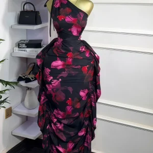 CM.YAYA Abito lungo maxi midi aderente con volant impilato monospalla stampato floreale da donna 2025 Abiti da sera sexy per feste 1