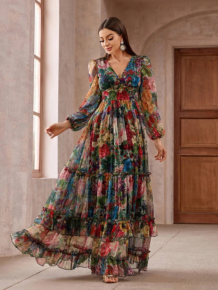TOLEEN 2024 Nuovo Casual Elegante Boho Vacanza Abiti Da Festa delle Donne Vintage Stampa Floreale Manica Lunga Volant Trim Estate Maxi Vestito 4
