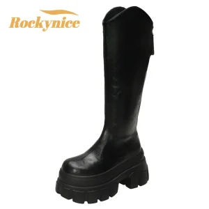Nuovi stivali alti al ginocchio invernali da donna stivali lunghi in pelle grossa 9CM tacchi alti pelliccia calda scarpe punk piattaforma stivaletti da moto donna 1