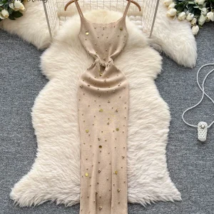 SINGREINY Abito lungo diviso in maglia sexy senza maniche con paillettes Diamanti con telai Vestito estivo attillato 2025 Abito estivo da donna di moda 1