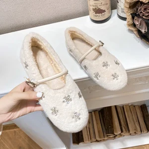 Crystal Flower Fur flats donna cinturino alla caviglia mary janes scarpe pelose strass fiocchi di neve mocassini di pelliccia scarpe invernali big size 43 1