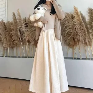 Smvp gonna lunga lavorata a maglia di alta qualità donna autunno inverno spessa calda gonna a trapezio femminile solido Casual selvaggio gonne a vita alta 1