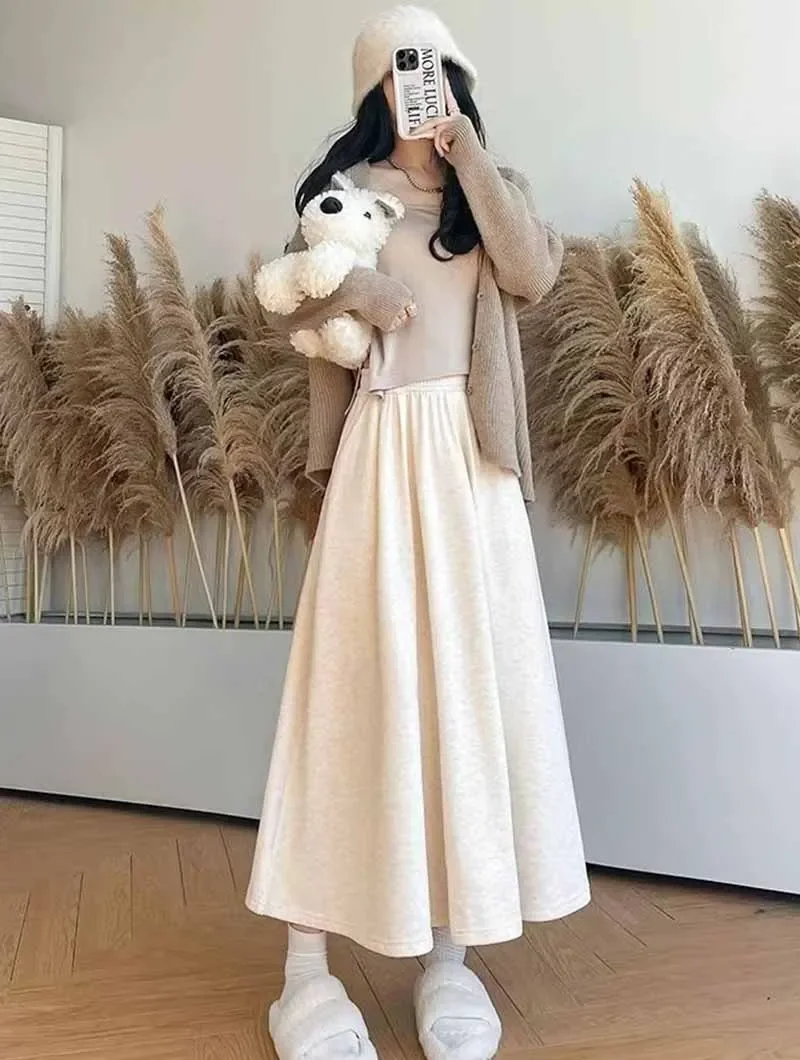 Smvp gonna lunga lavorata a maglia di alta qualità donna autunno inverno spessa calda gonna a trapezio femminile solido Casual selvaggio gonne a vita alta 1