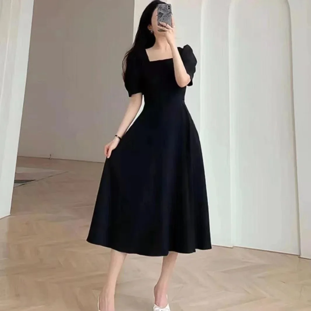 Abito lungo con colletto quadrato Abito nero stile Hepburn Abito longuette a maniche corte con gonna lunga da donna elegante di fascia alta retrò taglie forti 3