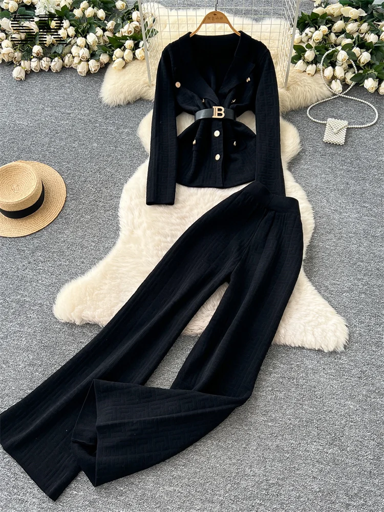 SINGREINY Office Lady Abiti lavorati a maglia Donna Manica lunga Colletto dentellato Top + Pantaloni a gambe larghe Donna Inverno Moda Spessa 2 pezzi Set 4