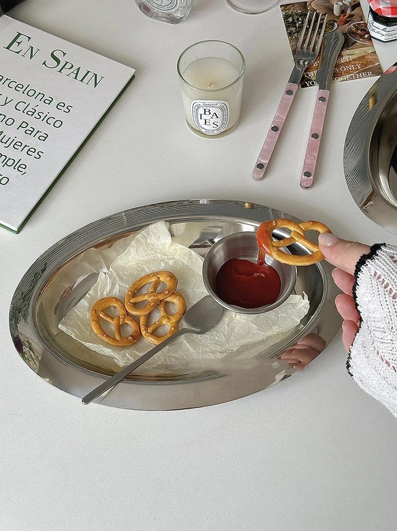 Piatto ovale vintage in acciaio inossidabile per colazione, disco per insalata, piatto rotondo per immersione, vassoio per la conservazione della torta del tè pomeridiano 6