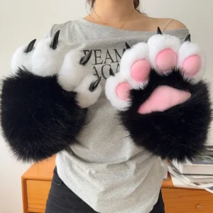 2025 Guanti con zampa di gatto peloso bianco nero cartone animato per le donne Guanti cosplay moda addensare guanti con artiglio di gatto carino Accessori per feste 1