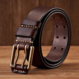 Cintura da uomo vintage larga 3,8 cm Cintura in vera pelle di vacchetta Cintura in jeans fatta a mano con doppia fibbia in rame Cintura maschile di moda 1