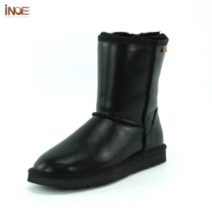 INOE Stivali da neve invernali in vera pelle casual da uomo classici Shearling Lana di pecora foderata in pelliccia Mantieni calde scarpe impermeabili nere 1