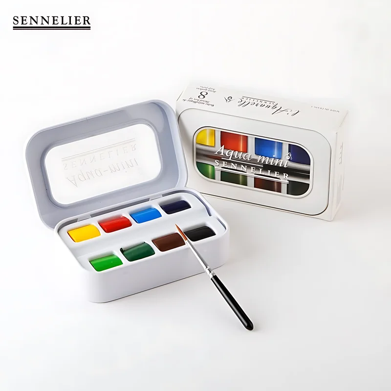 Sennelier Aqua artista francese vernice ad acquerello a 8 colori pittura portatile da viaggio Mini scatola di metallo con forniture artistiche a pennello 3