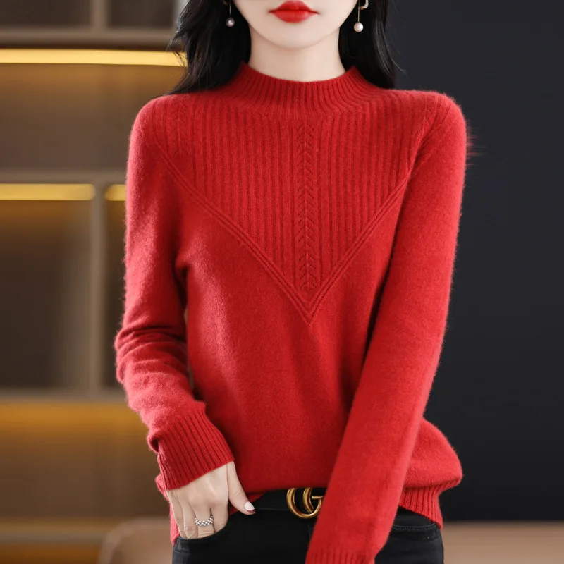 Maglione da donna 100% lana Pullover a maniche lunghe Autunno Inverno Spessore caldo Fondo morbido Camicie Collo a lupetto Maglioni lavorati a maglia larghi 4