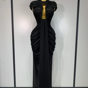 Abito lungo da donna sexy senza maniche con scollo a V aderente in rete scava fuori Celebrare lo sfilata di moda Celebrity Evening Party Club Dress 1