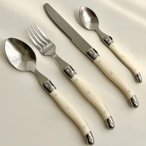 Laguiole Set di posate coltello da bistecca forchetta cucchiaio da tè per zuppa manico in plastica bianca avorio stoviglie in acciaio inossidabile per uso alimentare 4/6/24 pezzi 1