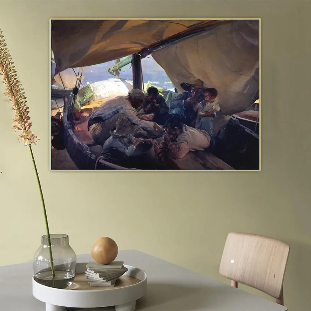 Joaquin Sorolla "Lunch on the boat" Pittura a olio su tela Opere d'arte Immagine Estetica Decorazione della parete Decorazione della casa Soggiorno 3