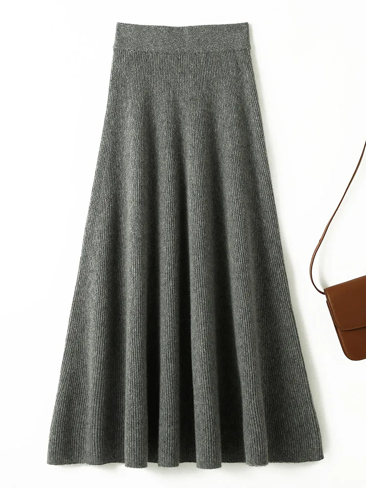 Chic nuove donne 100% lana merino lavorata a maglia una linea gonna tinta unita autunno inverno vita alta stile preppy gonna longuette in morbida lana 1