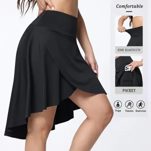 Gonna corta sportiva lunga estiva da donna a vita alta con pantaloncini, orlo asimmetrico, spacco laterale e tasche 1