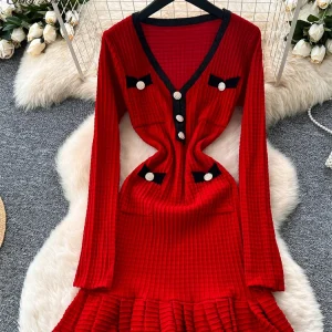 SINGREINY Chic Color Block Abito longuette Donna Scollo a V Bottoni Elastico Skinny Design Abito con volant in maglione lavorato a maglia di alta qualità 1