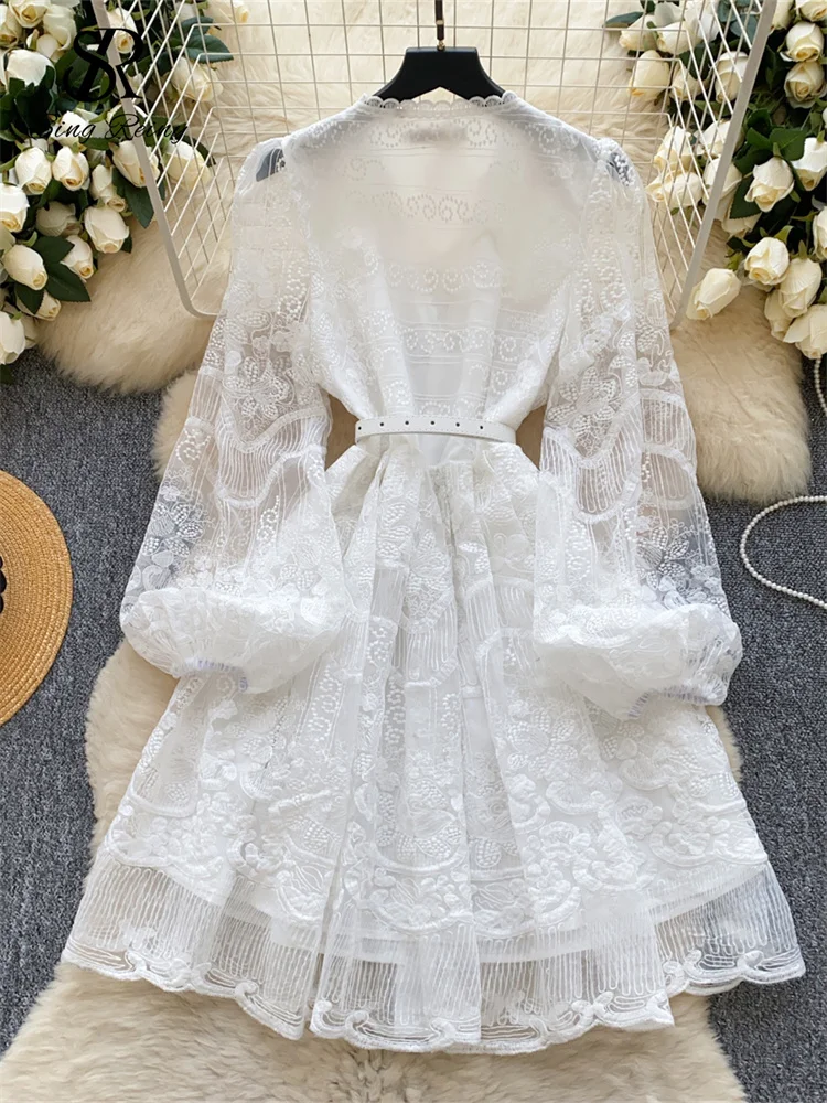 SINGREINY 2025 Abito da donna senior con scollo a V manica a lanterna ricamo con cintura vestito estivo sottile chic mini abito a rete delicata primaverile 2