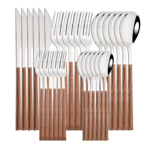 6/30 pezzi posate per la cena in acciaio inossidabile imitazione manico in legno coltello da tavola cucchiaio da caffè forchetta da tè set di posate stoviglie 1