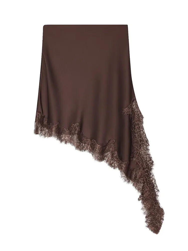 HH Donne 2025 di Nuovo Modo Semplice Asimmetrico Gonna di Pizzo Femminile Elegante Sexy Raso di Seta Texture Elastico in Vita Gonna Casual Mujer 3