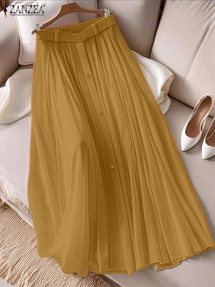 ZANZEA Moda Gonne Lunghe Donna Autunno Elastico Wais Jupes Casual Pieghettato Faldas Saia 2025 Elegante Colore Solido Partito Maxi Fondo 2