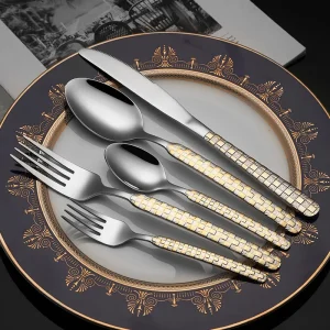 Set di posate per stoviglie da cucina Set di posate in argento Set di posate in acciaio inossidabile di lusso Forchetta Cucchiaio Coltello Cena occidentale Oro 1