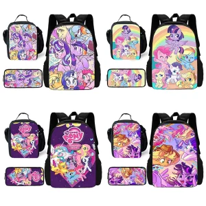 Simpatico cartone animato My litles Ponys zaino da scuola per bambini con borse per il pranzo, borse a matita, borse da scuola per ragazze dei ragazzi miglior regalo 1