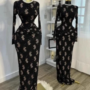 CM.YAYA Abito lungo aderente aderente impilato con stampa floreale a maniche lunghe da donna 2025 Abiti da sera per feste di compleanno per feste di compleanno Abiti sexy 1