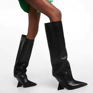 2024 Stivali alti al ginocchio delle nuove donne Moda Punta a punta Tacchi alti Stivali lunghi marroni Scarpe da donna con tacco eteromorfico 1