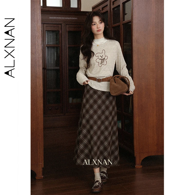 ALXNAN Gonna scozzese marrone Donna Vintage Elegante Chic con bottoni Gonne lunghe con spacco 2025 Autunno Nuovo Office Lady Abbigliamento femminile L57033 2