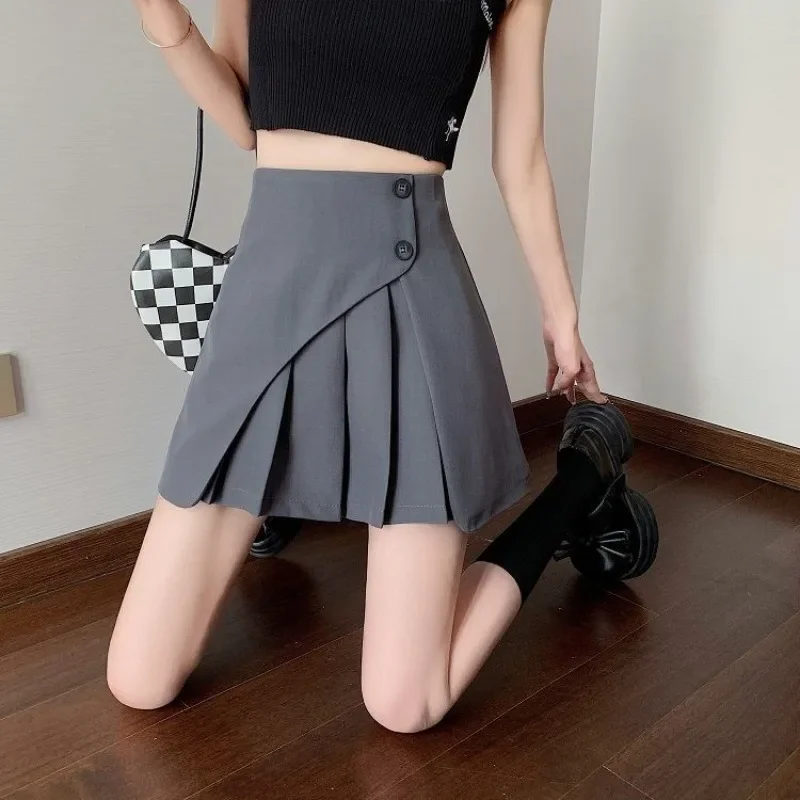 Design gonna a trapezio a vita alta donna mezza gonna grigia di fascia alta estate nuove ragazze alla moda stile College abiti corti pieghettati 3