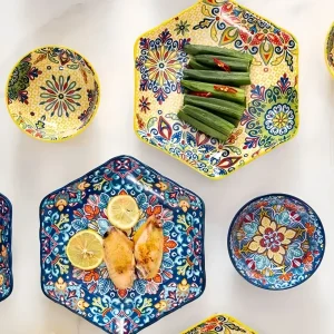 Stoviglie in ceramica colorata sottosmalto. Set piatti bohémien. Piatto esagonale creativo. Piatto da pesce di fascia alta per uso domestico. Vegetab 1