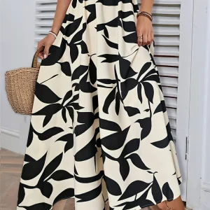 Fairyshely Gonna lunga con stampa a foglie casual per donna 2025 Gonna lunga a vita alta con volant estivo da donna Elegante gonna a pieghe a linea 1