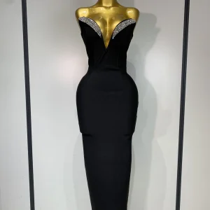 Abito lungo da donna sexy senza spalline con strass scintillanti, fasciatura aderente, moda, celebra abiti da compleanno di lusso per feste serali 1