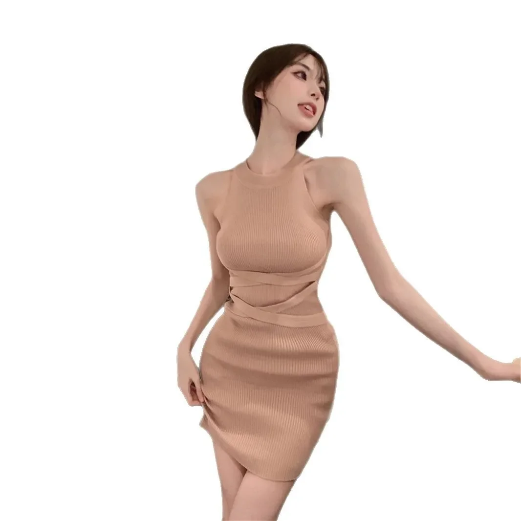 Mini abito sexy con collo appeso, gonna aderente senza maniche per donna, girocollo in fibra di poliestere, senza maniche, nuovo arrivo estivo 5