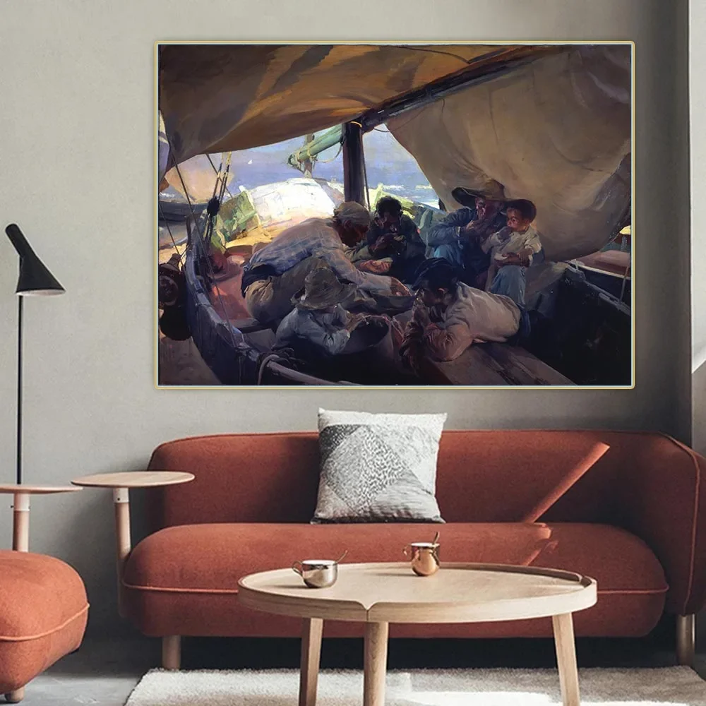 Joaquin Sorolla "Lunch on the boat" Pittura a olio su tela Opere d'arte Immagine Estetica Decorazione della parete Decorazione della casa Soggiorno 1