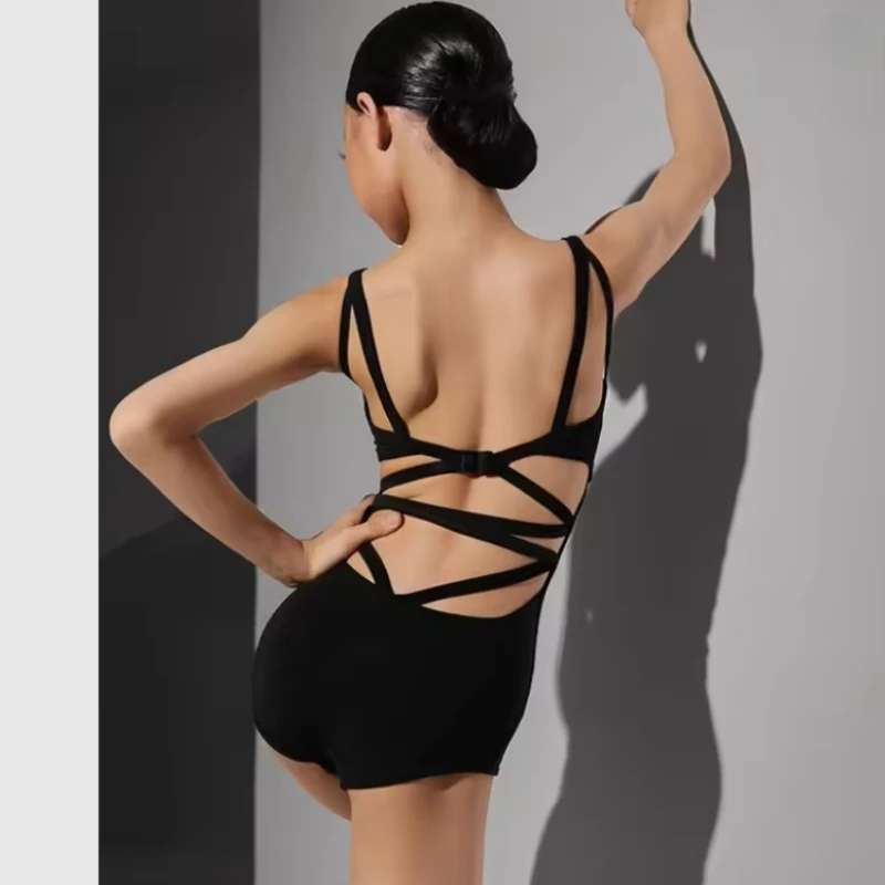 Bambino Vestito da ballo latino Vestiti per ragazze Body con lacci Sciarpa sui fianchi Gonna leopardata Set Cha Cha Rumba Samba Costume da allenamento per la danza 4