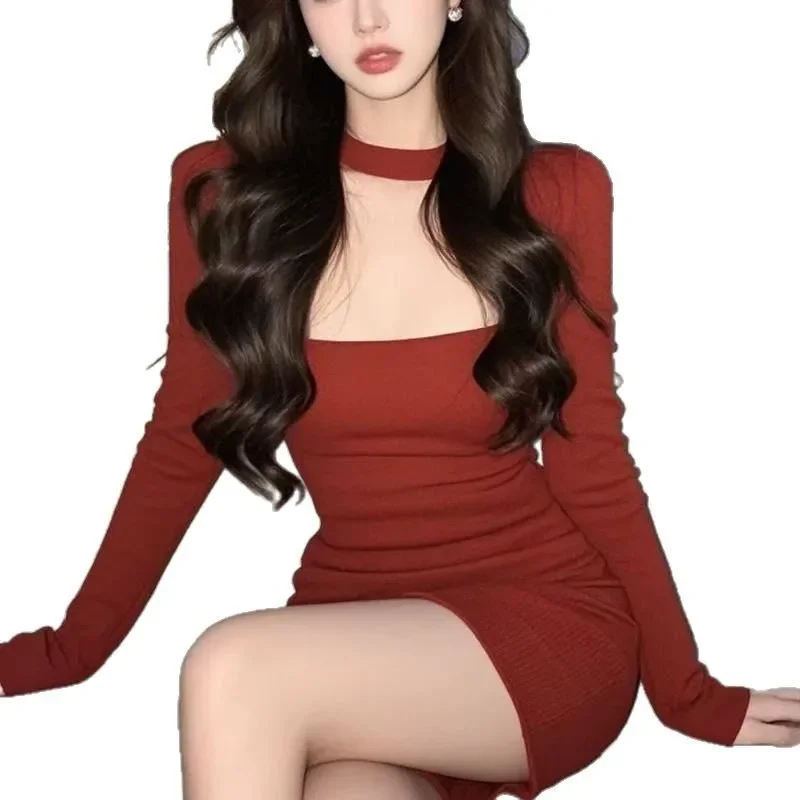 Abito elegante a maniche lunghe con colletto quadrato stile donna Design unico da donna Minigonna in vita snellente Manica intera in fibra di poliestere 5