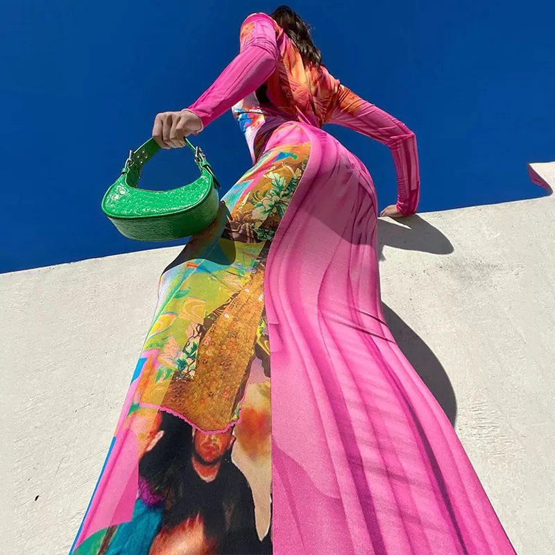 Abito lungo aderente con stampa graffiti punk donna 2025 autunno colletto alla coreana manica lunga slim fit abito a coda di pesce abiti da club per feste 6