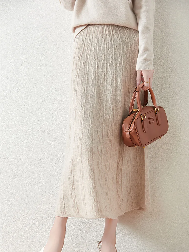 Chic Acqua Ondulazione Mezza Lunghezza Gonna Autunno Inverno Morbido Caldo 100% Lana Merino Maglieria Grace Retro Donna Vestiti Office Lady 2025 4