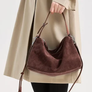 Borsa da donna in morbida pelle scamosciata opaca Borsa a tracolla a tracolla in pelle di vacchetta da donna Semplice collezione in pelle di mucca Borse tote grigie marroni 1