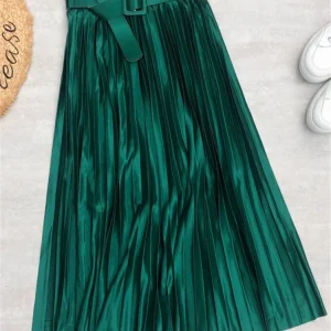 Seoulish 2025 Nuove gonne a pieghe da donna con macchie eleganti e solide con gonne a vita alta con cintura Gonna ombrello mi-lunga Primavera Estate 1