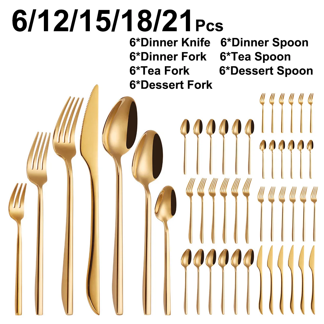 6/12/15/18/21 Pezzi Set di Posate in Oro Acciaio Inossidabile 304 Stoviglie Specchio Elegante Coltello Forchetta Cucchiaio Set da Cena Occidentale 2
