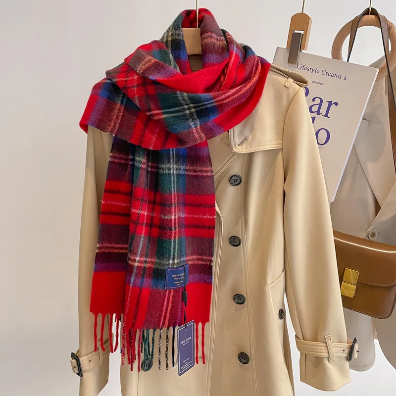 FNuova Anno Rosso 100% Lana Versatile Sciarpa scozzese da Donna Inverno Coppia da Uomo Cashmere Caldo Collo a doppia faccia 2