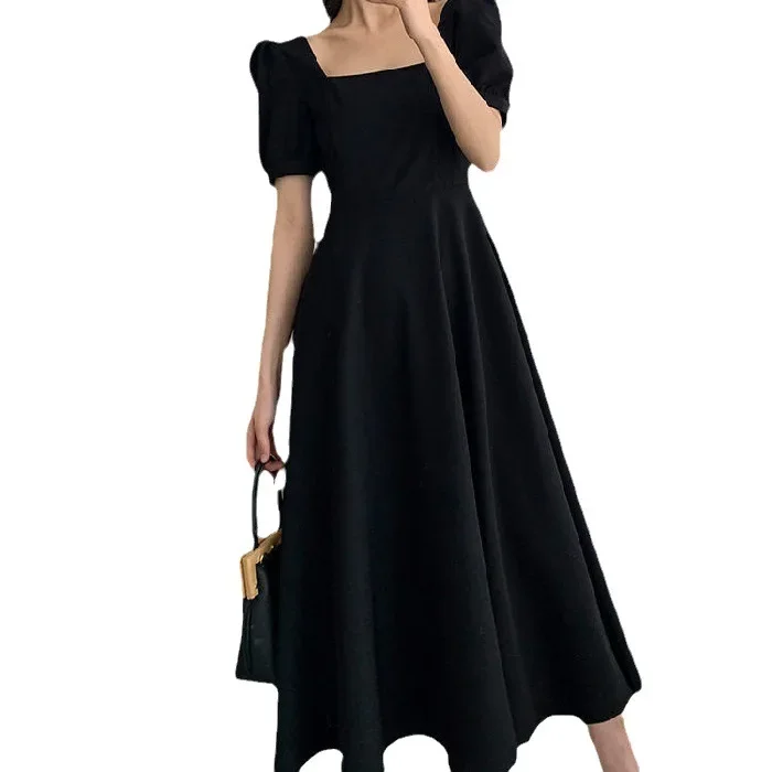 2023 nuovo vestito estivo da donna Vintage collo quadrato gonna da tè Plus Size sopra il ginocchio stile lungo Hepburn vestito nero alla moda 5