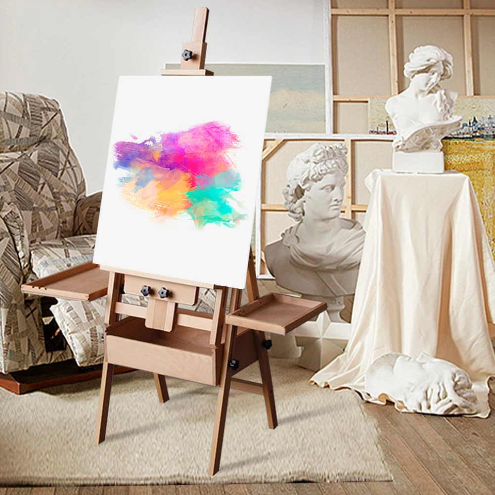 Cavalletto piatto pieghevole in faggio con vassoio per cassetti Supporto per pittura a olio Cavalletto per tavolo da disegno per bambini Schizzo Pittura a olio 6