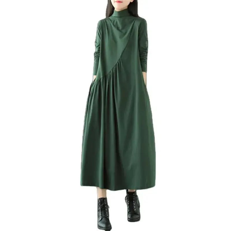 2021 Primavera da donna Artistico Vintage Vestibilità ampia Mezza polo/Collo tartaruga Abito dimagrante di media lunghezza Elegante gonna che riduce l'età 5