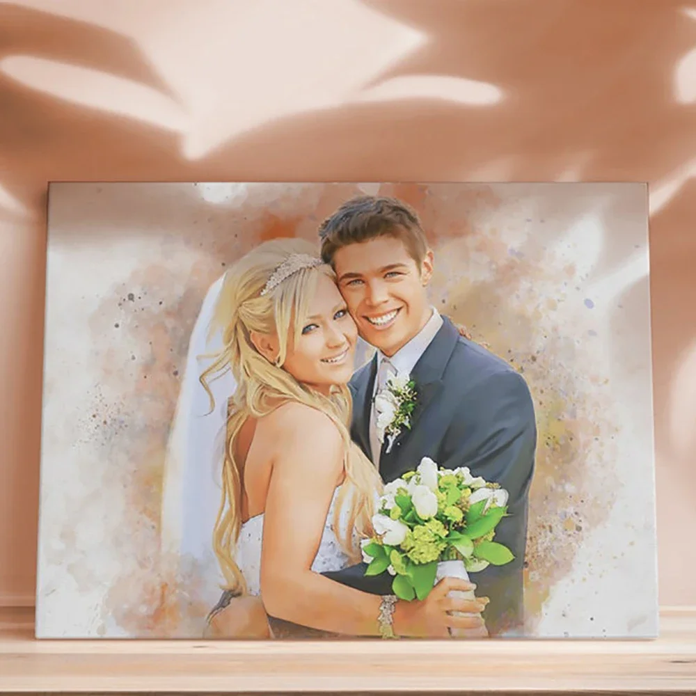 Pittura di matrimonio ad acquerello personalizzata da foto Ritratto personalizzato su tela Coppie Arte Regalo di anniversario romantico Stampa Poster 1