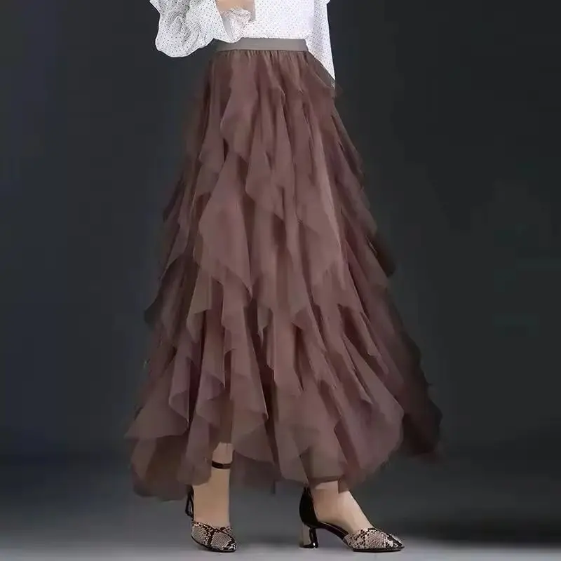 2025 Donne eleganti Gonna in tulle Moda coreana Maglia bianca Una linea Gonna a pieghe da donna Estate Chic a vita alta Nero Party Faldas 2