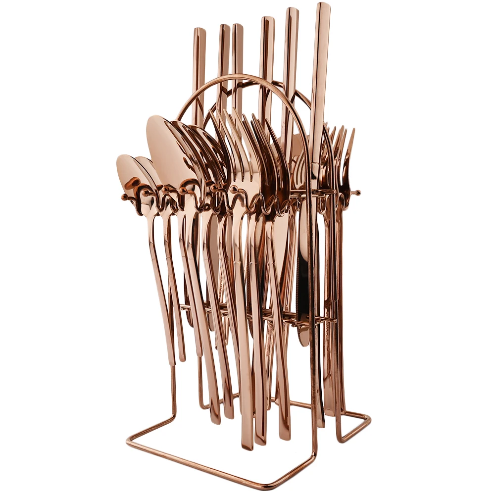 Set di stoviglie per cucchiaio forchetta coltello 24 pezzi Set di posate da cucina in acciaio inossidabile per posate in oro rosa con portaoggetti di lusso 1